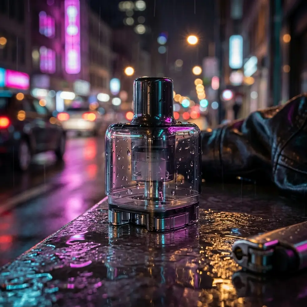 Pod reposicao AVP Cube apoiado em ambiente urbano noturno com reflexos neon, gotas de chuva e objetos de bolso desfocados - Vapor Gringo