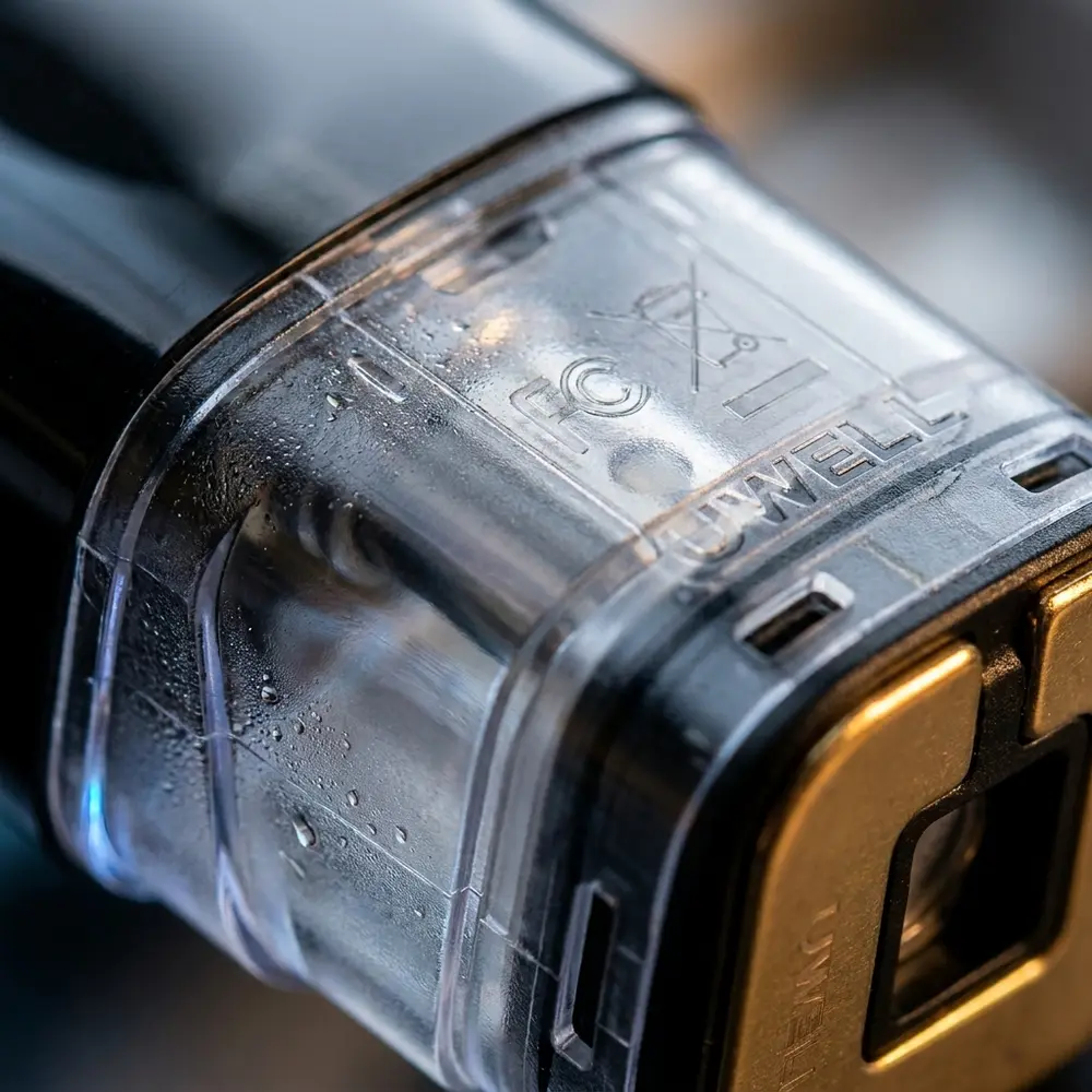 Close-up do pod Uwell Caliburn G mostrando bocal, contatos metálicos e microgotículas na superfície transparente - Vapor Gringo