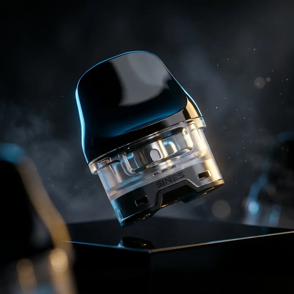 Pod Reposição Crown D Uwell sobre base acrílica preta com luzes azuis e douradas e reflexos - Vapor Gringo