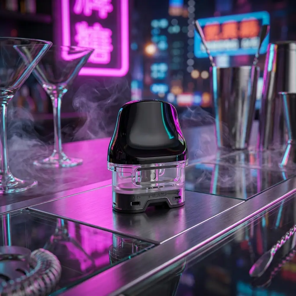 Pod Reposição Crown D Uwell apoiado em balcão com reflexos neon magenta e azul em ambiente urbano - Vapor Gringo
