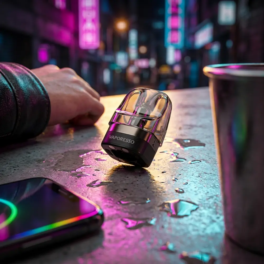 Pod reposicao DTL para Luxe XR Vaporesso sobre balcon urbano molhado com reflexos neon magenta e ciano, jaqueta de couro ao fundo - Vapor Gringo