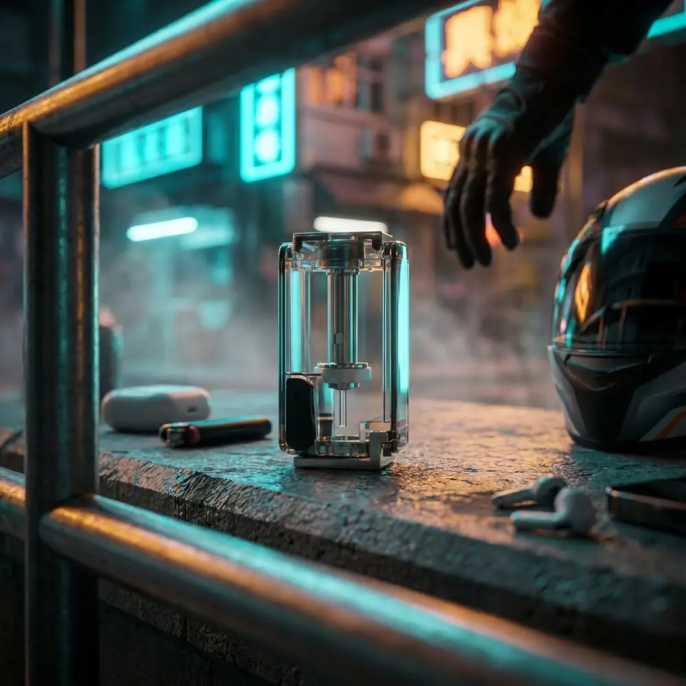 Pod Reposicao Exceed Grip 3,5ml Joyetech apoiado em borda urbana com neon ao fundo e reflexos - Vapor Gringo