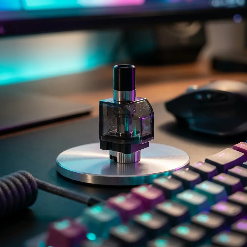 Pod reposicao Fetch Pro 4ml da Smok repousando em mesa gamer RGB, luzes coloridas e teclado desfocado ao fundo - Vapor Gringo