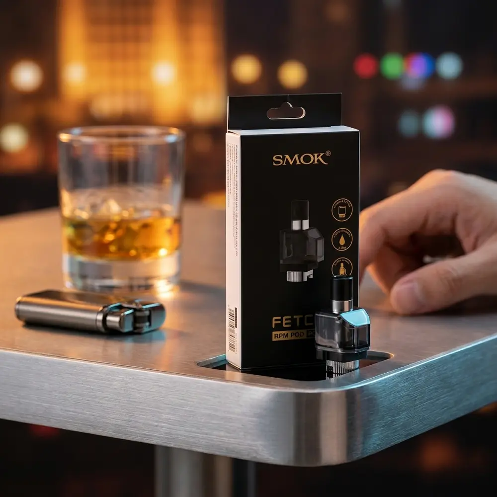 Pod Reposição Fetch Pro 4,3mL apoiado em mesa de lounge com copo desfocado e luzes urbanas ao fundo - Vapor Gringo