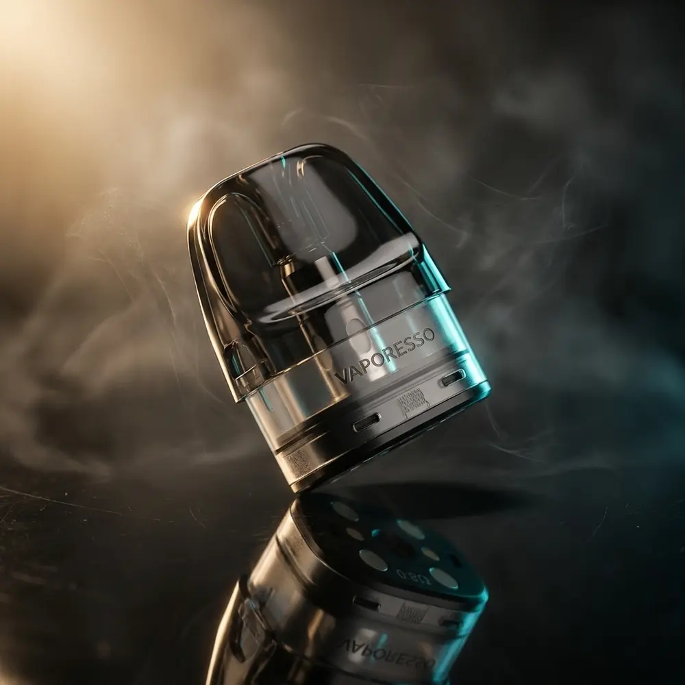 Pod reposicao para Luxe X 0.8ohm Vaporesso sobre base acrilica preta com reflexos e iluminacao fria - Vapor Gringo