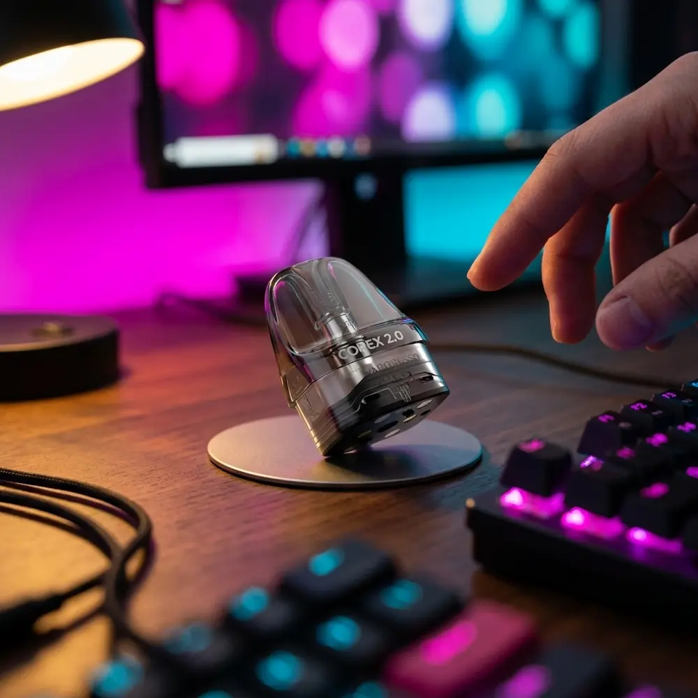 Pod reposicao Vaporesso Luxe X 0.8ohm num setup gamer RGB com teclado mecanico e bokeh de monitor neon - Vapor Gringo