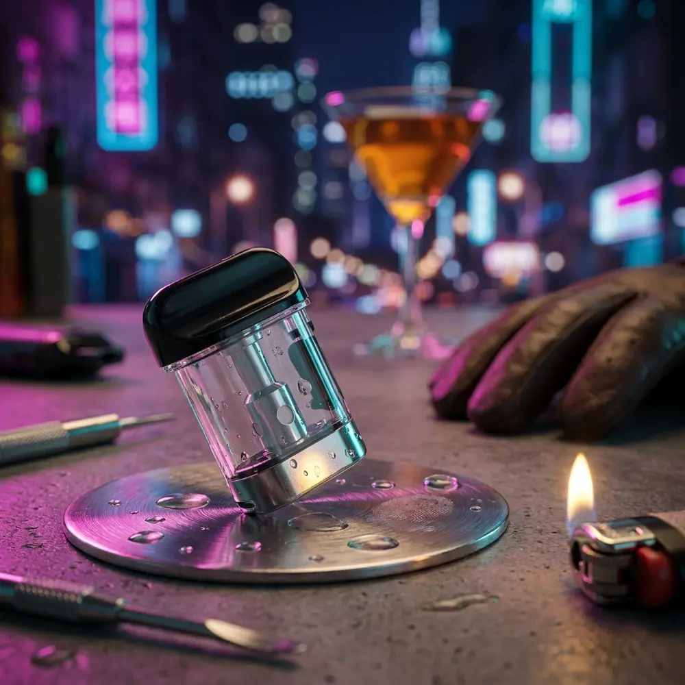 Pod Reposicao MICO Pod Smok sobre bancada metálica molhada em lounge urbano com luzes neon - Vapor Gringo