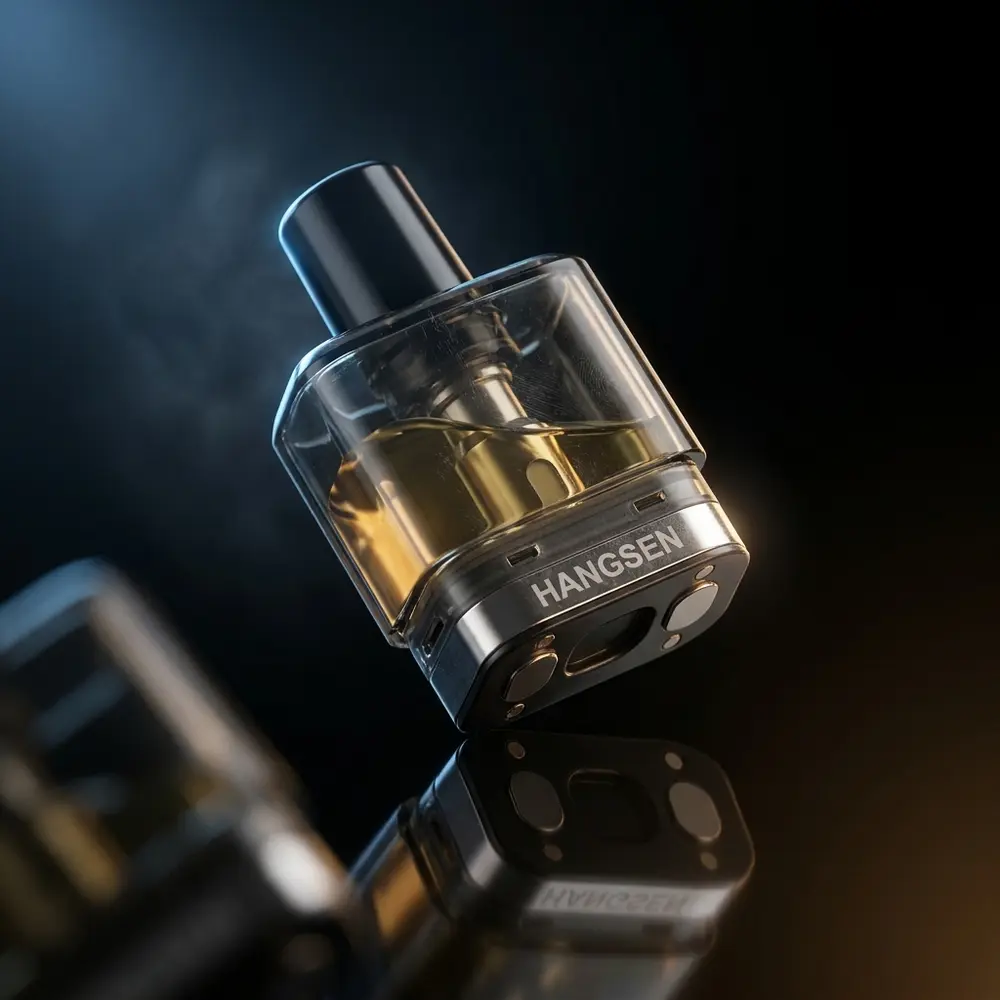 Pod Reposição Mini IQ Hangsen em close sobre base acrílica preta, iluminação azul-âmbar e reflexos nítidos - Vapor Gringo