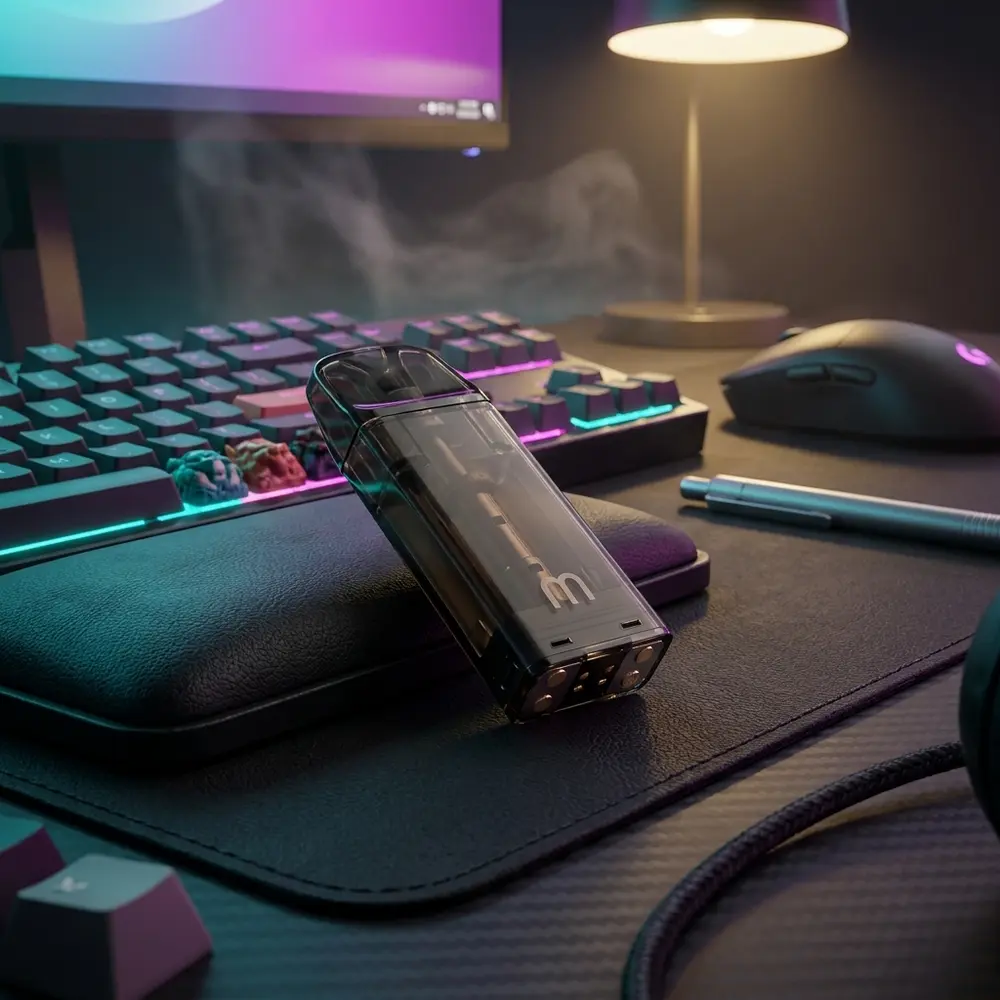 Pod Reposição Mini IQ Hangsen apoiado no mousepad de um setup gamer RGB, luzes coloridas e acessórios ao redor - Vapor Gringo