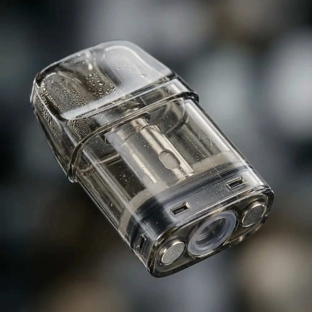 Detalhe macro do Pod Reposição Mini IQ Hangsen mostrando shell transparente, contatos metálicos e textura com gotas - Vapor Gringo