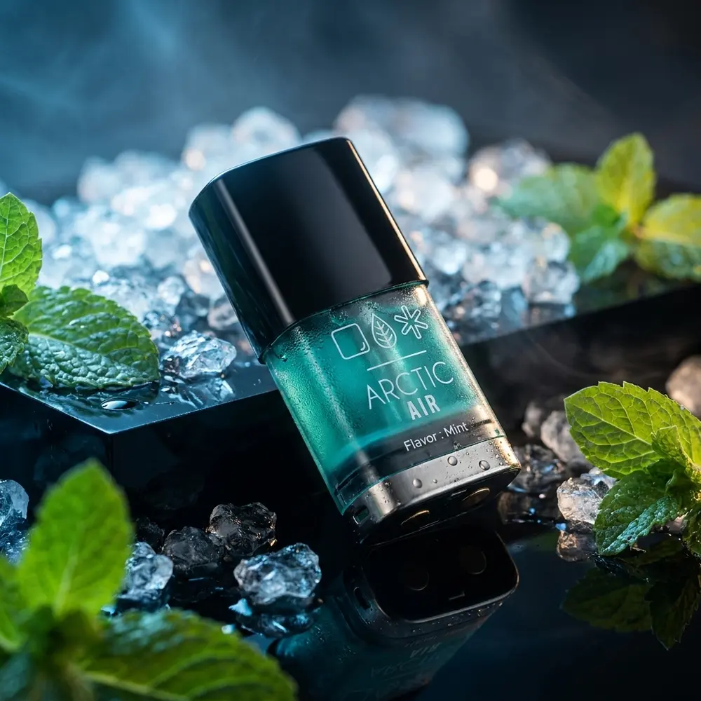 Pod de reposicao Naked100 Arctic Air sobre base acrilica com gelo e folhas de menta, iluminacao fria e reflexos - Vapor Gringo