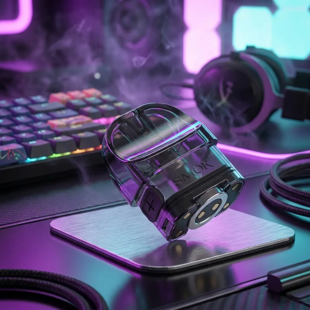 Pod Reposição Nord 4 RPM apoiado em mesa gamer com luzes RGB, teclado mecânico desfocado e reflexos neon - Vapor Gringo