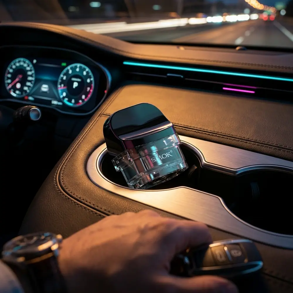Pod reposicao Nord X RPM 2 da Smok no console de carro premium com reflexos do painel e couro - Vapor Gringo
