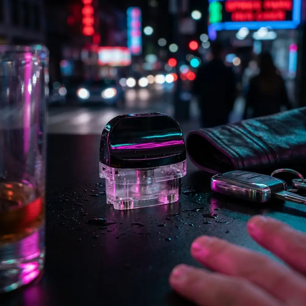 Pod Reposição Nord X RPM 6mL Smok sobre balcão molhado com reflexos neon e elementos de vida noturna - Vapor Gringo