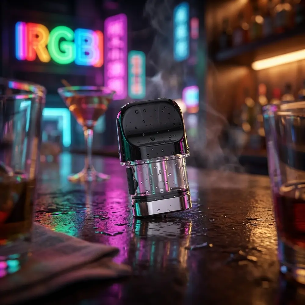 Pod Reposição Novo 4 apoiado em balcão molhado na rua à noite com reflexos neon magenta e teal - Vapor Gringo