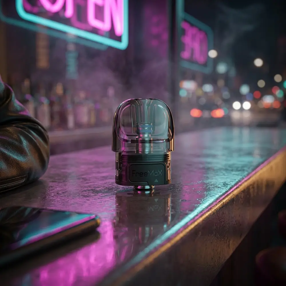 Pod Reposição Onnix 2 2mL apoiado em balcão molhado com reflexos neon urbanos e bokeh de cidade - Vapor Gringo