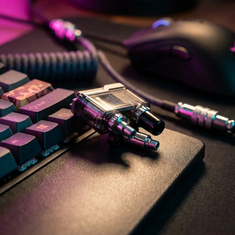 Pod Reposição Orion Plus Lost Vape sobre teclado gamer RGB, reflexos coloridos e ambiente urbano - Vapor Gringo