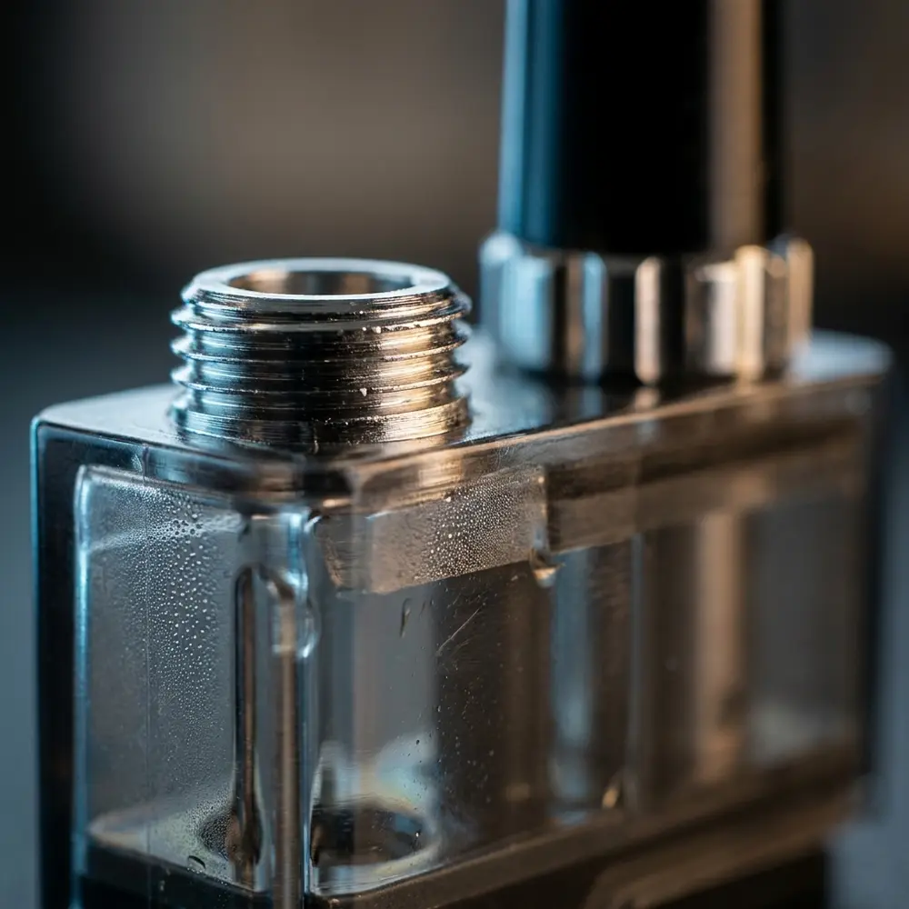 Close-up do Pod Reposição Orion Plus Lost Vape mostrando rosca, transparência e gotas de condensação - Vapor Gringo