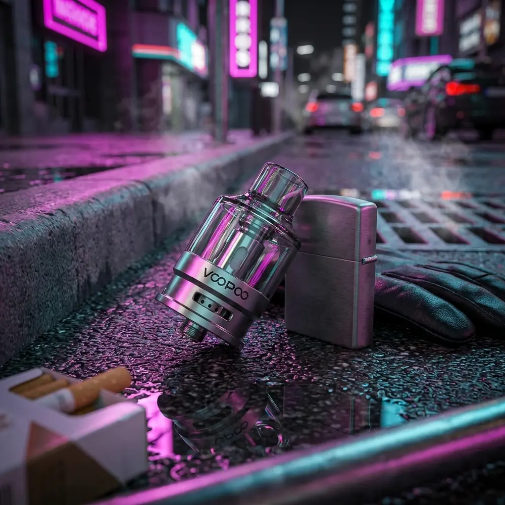 Pod Reposição PnP Tank 4,5ml Voopoo apoiado em asfalto molhado com reflexos neon urbanos e objetos de lifestyle - Vapor Gringo