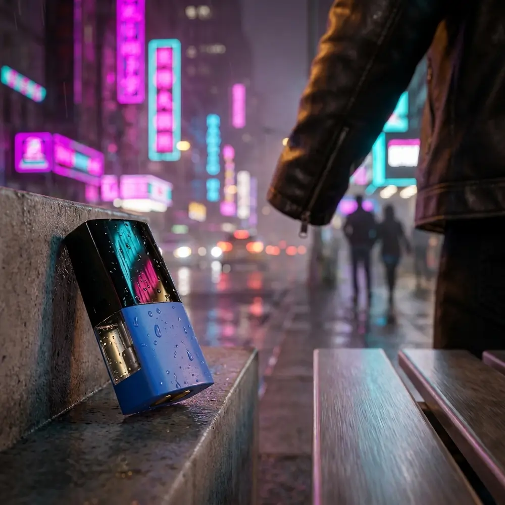Pod Reposicao Really Berry apoiado em borda molhada na rua noturna com neons magenta e ciano ao fundo - Vapor Gringo