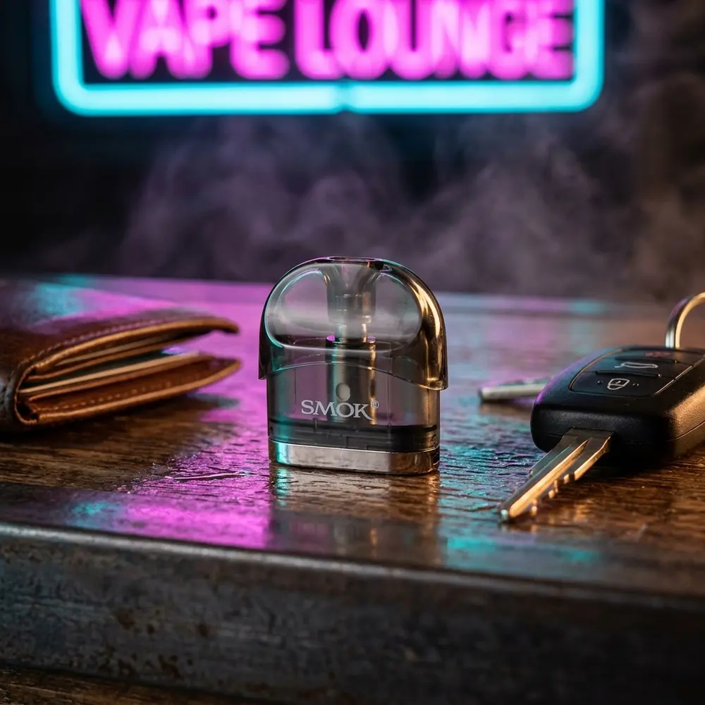 Pod de reposicao Smok 2ml sobre balcão molhado com luzes neon desfocadas e objetos de lifestyle urbano - Vapor Gringo