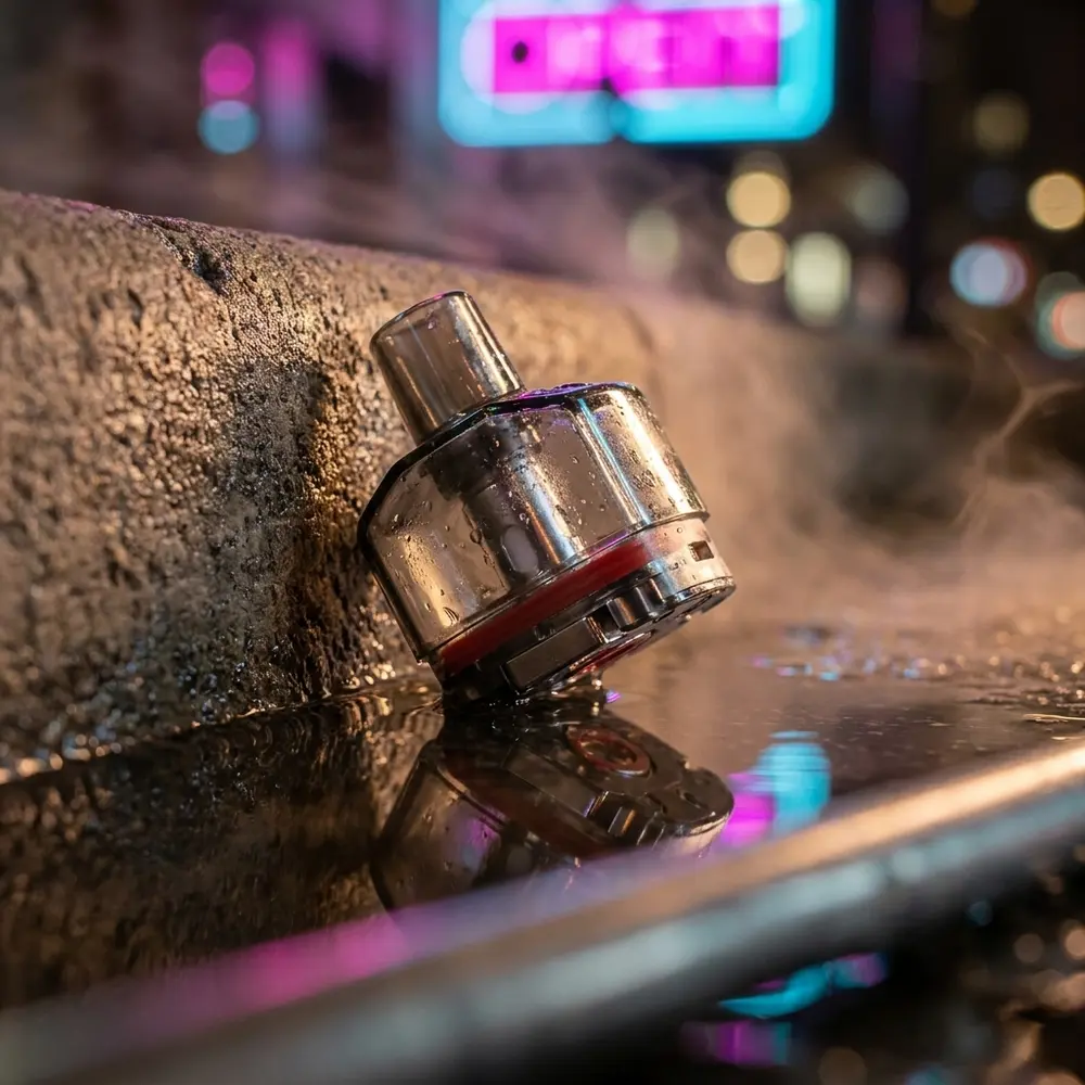 Pod Reposição Scar P3 5,5ml da Smok sobre concreto molhado em cena noturna neon, reflexos RGB e detalhe do bocal - Vapor Gringo