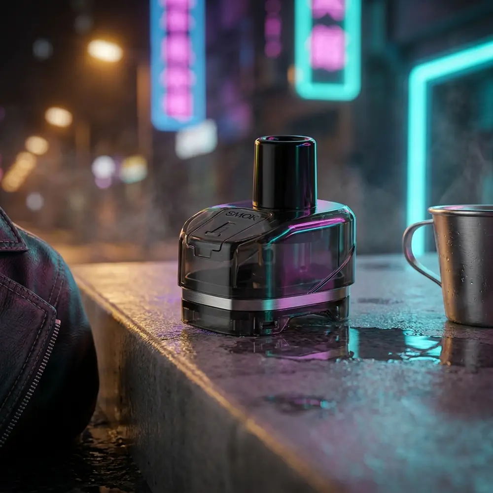 Pod Reposição Scar P5 RPM 2 da Smok apoiado em asfalto molhado com reflexos neon azuis e magenta em cena urbana - Vapor Gringo