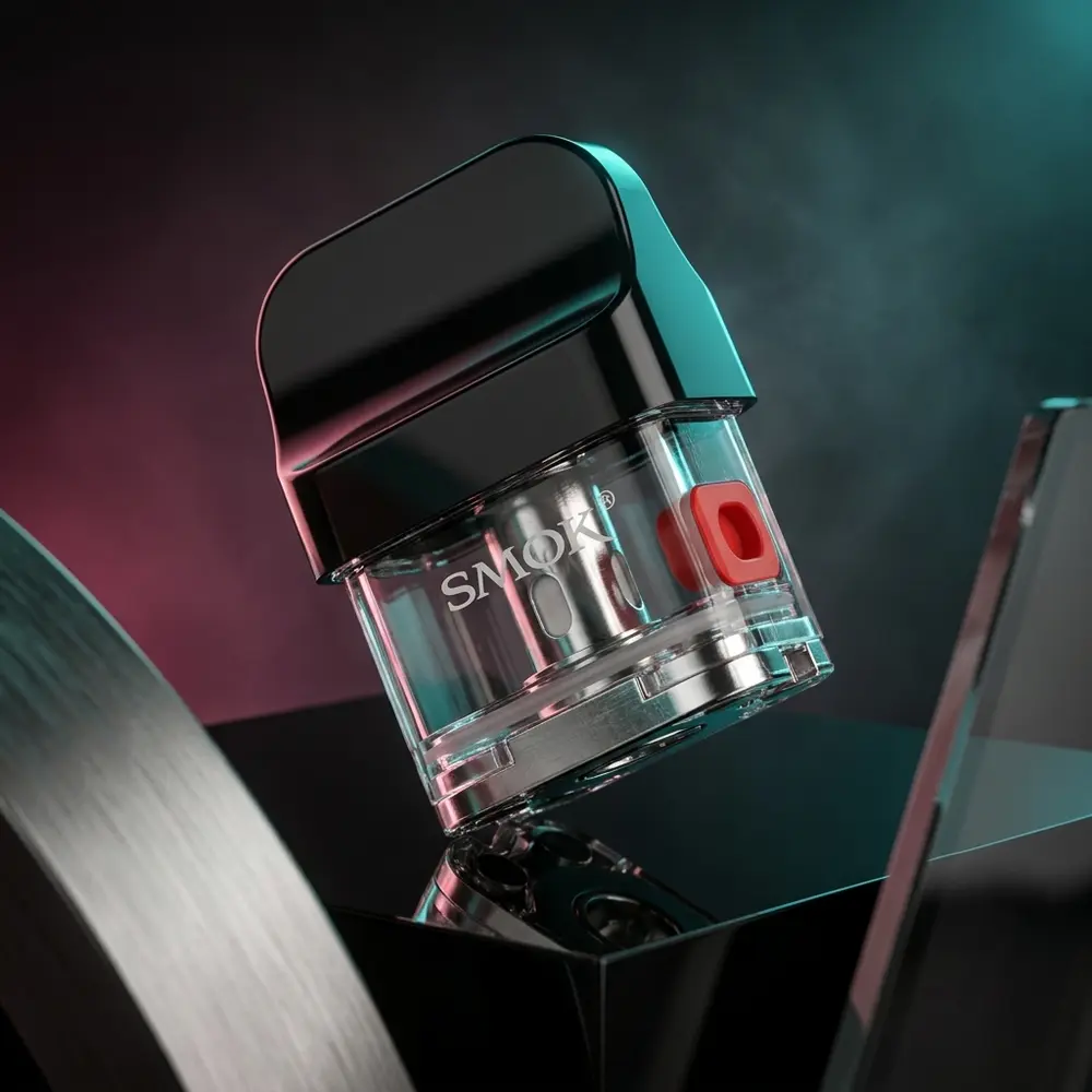 Pod Reposição Standard RPM40 SMOK em close sobre base acrílica refletiva com luzes teal e magenta - Vapor Gringo