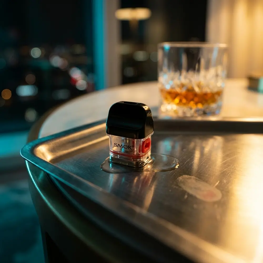 Pod Reposição Standard RPM40 SMOK em bandeja metálica num lounge urbano luxuoso com bokeh de cidade - Vapor Gringo