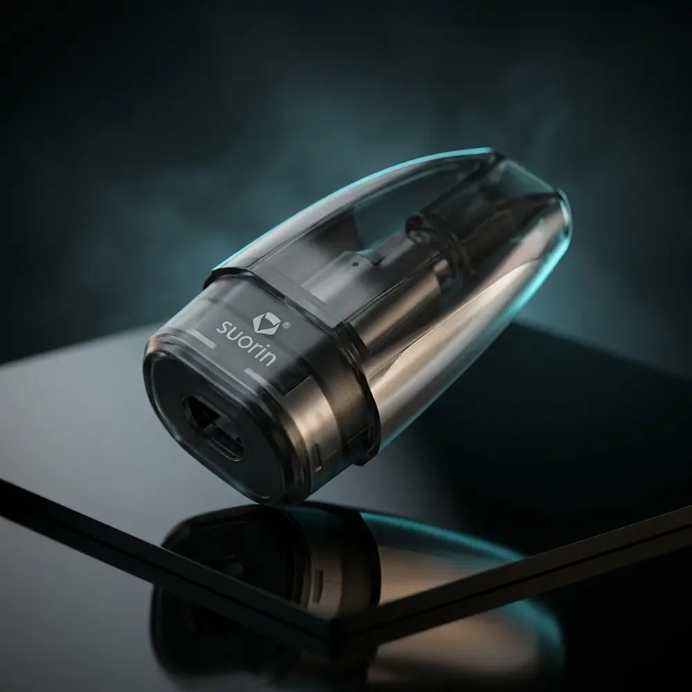 Pod reposicao Suorin Vagon em close sobre acrilico preto brilhante com iluminacao dramática e reflexos premium - Vapor Gringo