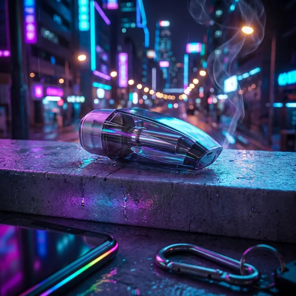Pod reposicao Suorin Vagon apoiado em parapeito molhado com reflexos neon azuis e roxos em rua urbana noturna - Vapor Gringo