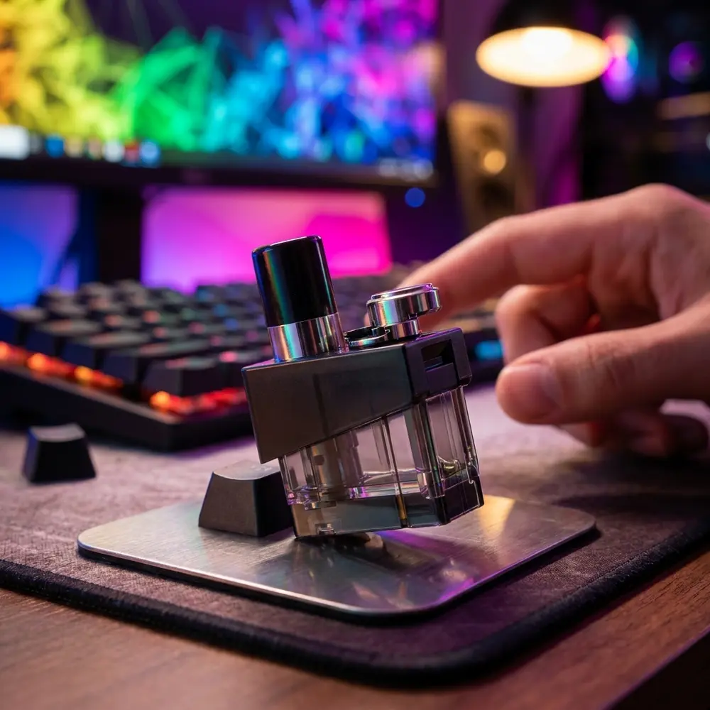 Pod Reposição Trinity Alpha da Smok sobre mesa gamer RGB, perto de teclado mecânico com luzes desfocadas - Vapor Gringo