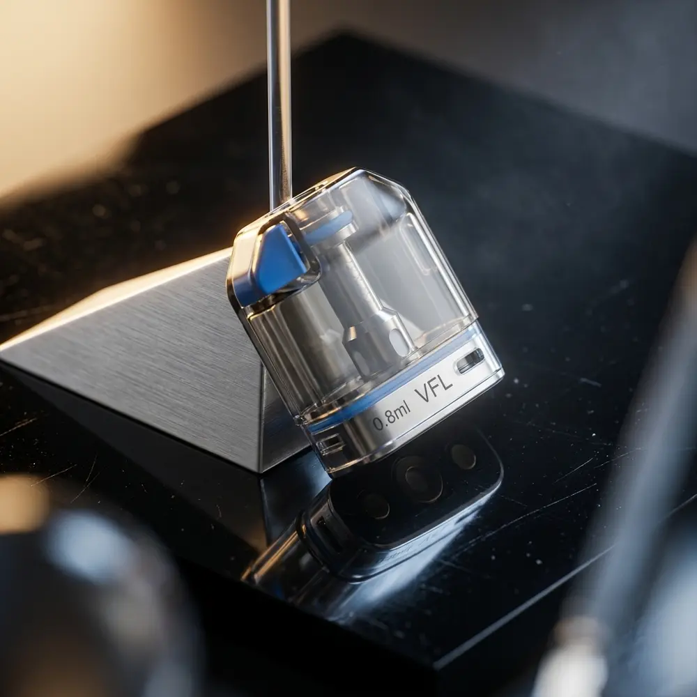 Pod Reposição VFL Voopoo em close sobre acrílico preto com reflexos metálicos e luz dramática - Vapor Gringo
