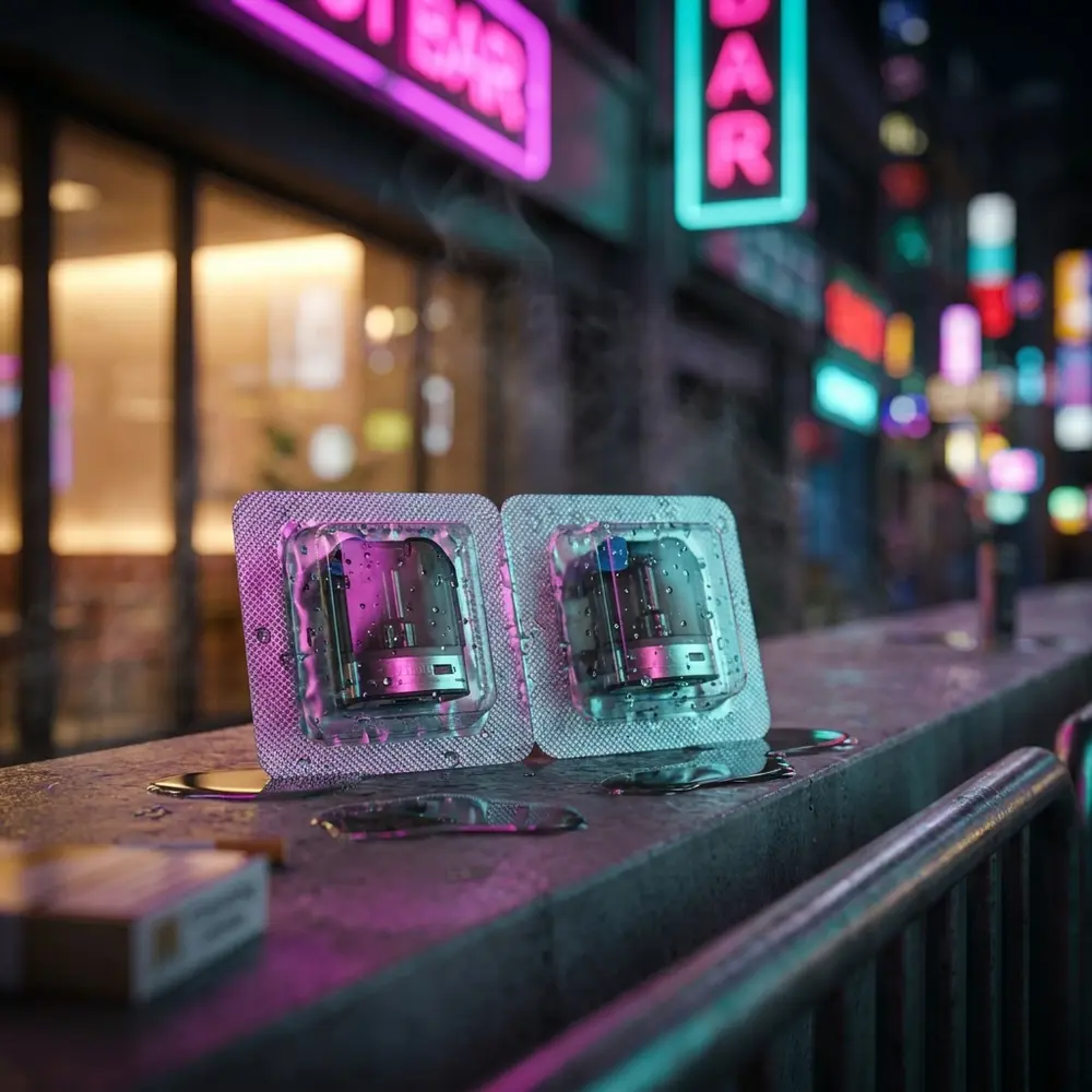 Pod Reposição VFL Voopoo apoiado em borda urbana molhada com luzes neon e reflexos noturnos - Vapor Gringo