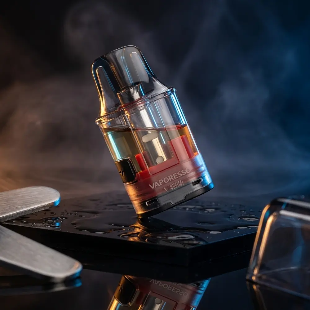 Pod Reposição Vibe Series Vaporesso sobre base acrílica preta, reflexos em azul e âmbar e gotículas - Vapor Gringo