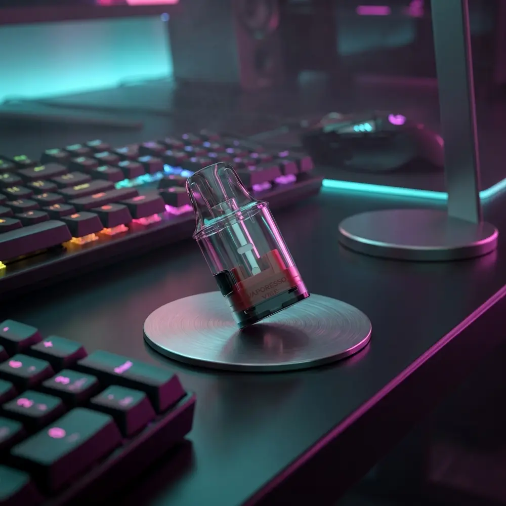 Pod Reposição Vibe Series Vaporesso apoiado em mesa gamer com teclado RGB e reflexos neon ao fundo - Vapor Gringo