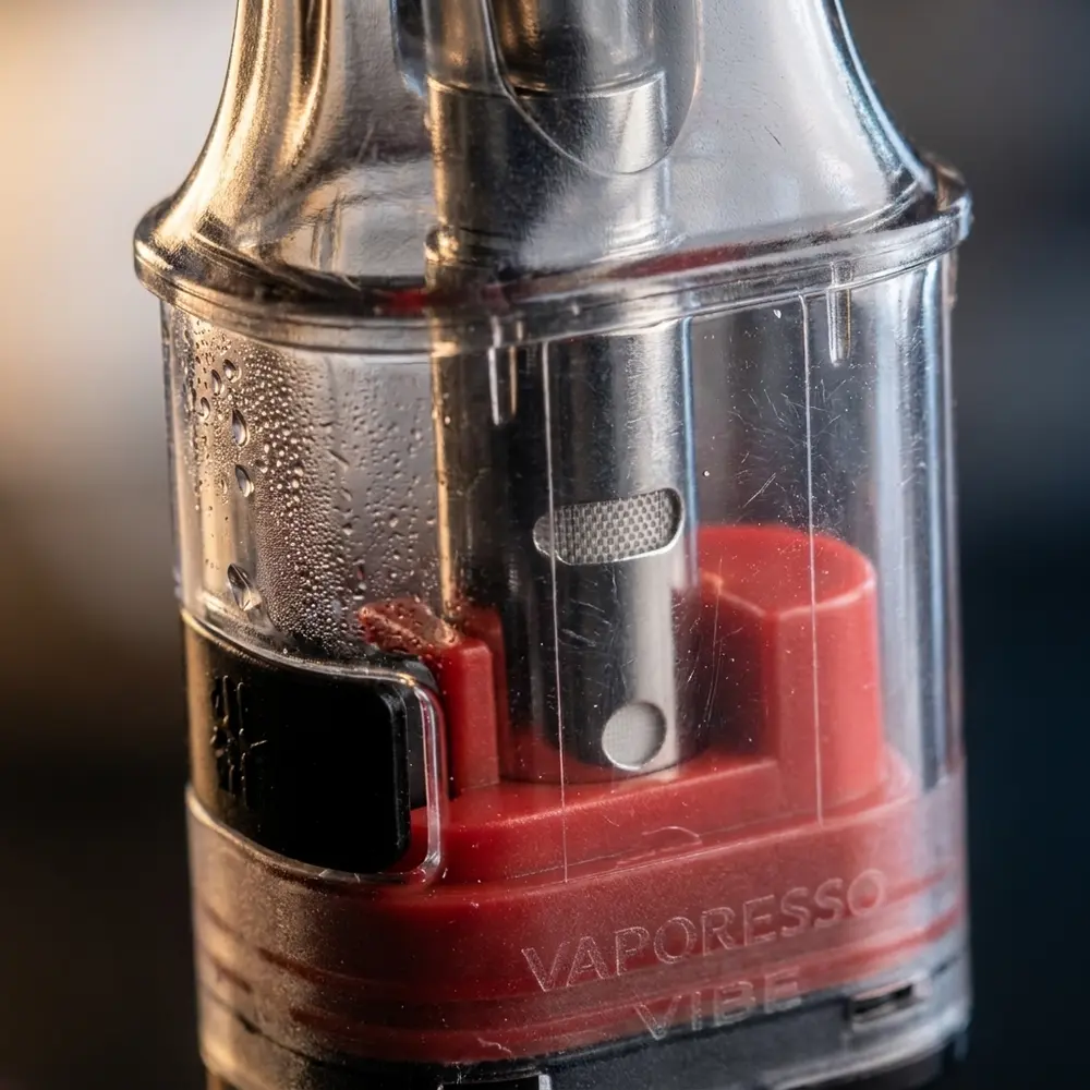 Detalhe do pod Reposição Vibe Series Vaporesso mostrando concha transparente, malha dual e gotículas de condensação - Vapor Gringo