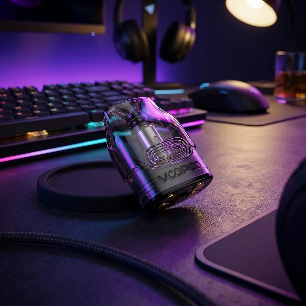 Pod Reposição VMate Voopoo apoiado em mesa gamer RGB com reflexos neon roxo e azul e teclado desfocado - Vapor Gringo