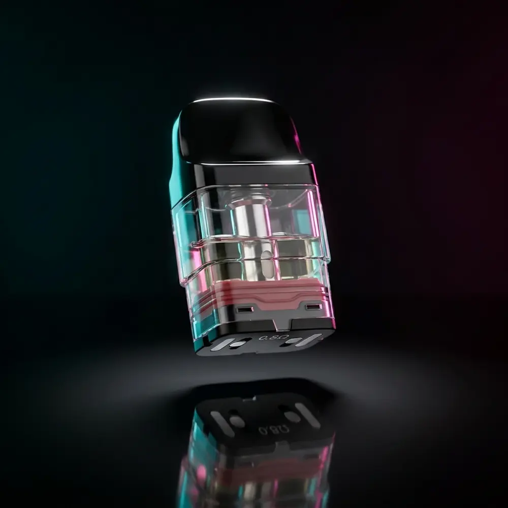 Pod Reposição Xros Corex 2.0 sobre acrílico preto com iluminação RGB e reflexos metálicos - Vapor Gringo