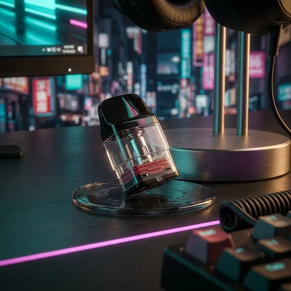 Pod Reposição Xros Corex 2.0 apoiado em mesa de jogo com teclado RGB e neon urbano ao fundo - Vapor Gringo