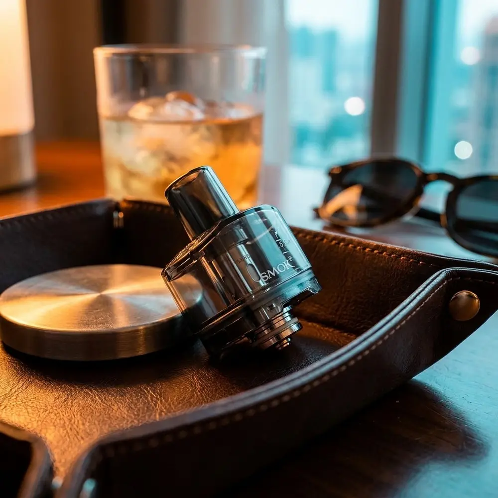 Pod Scar P3 RPM 2 da Smok apoiado em bandeja de couro em lounge urbano com copo desfocado ao fundo - Vapor Gringo