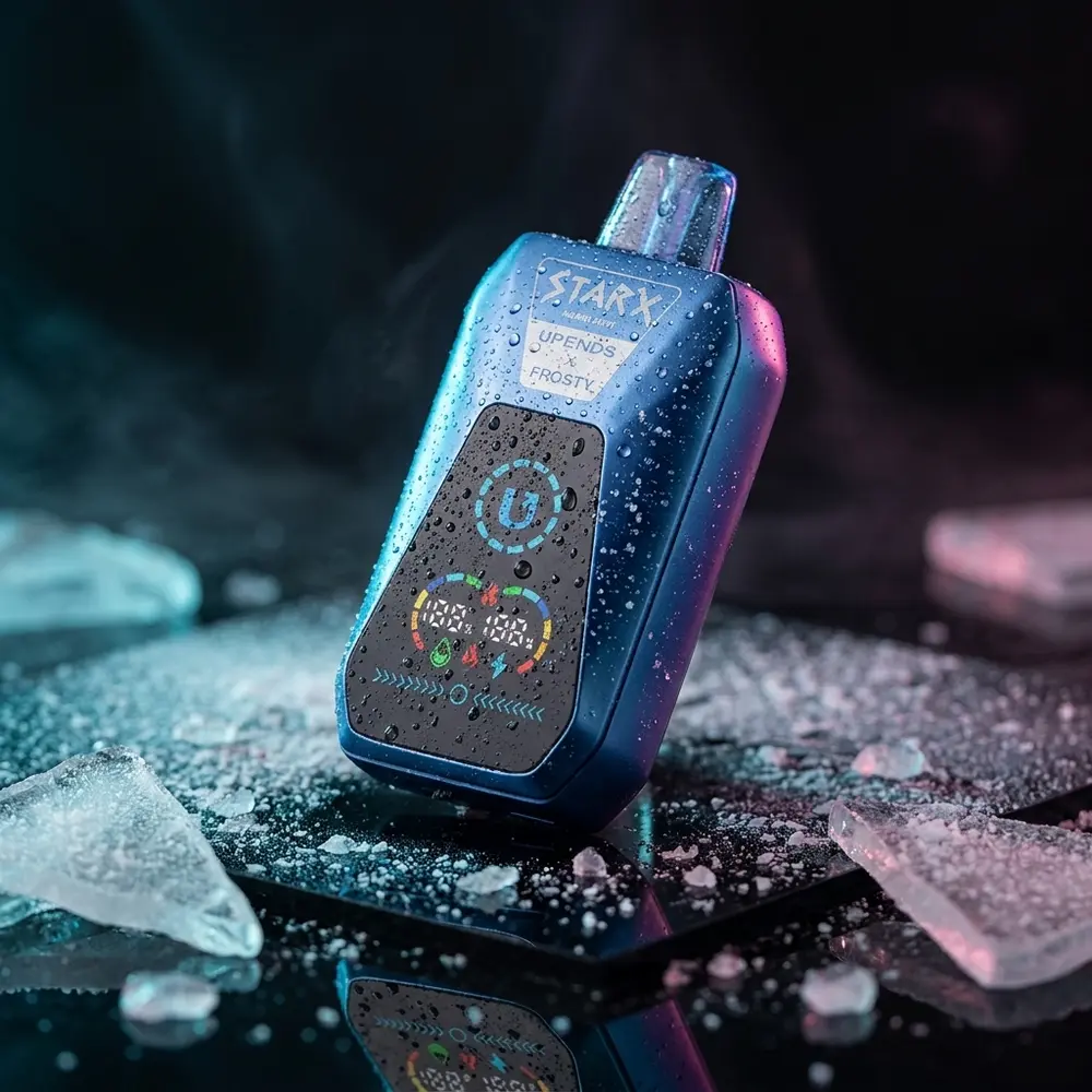 Pod Descartável StarX Frosty Miami Mint sobre acrílico escuro com gotas de condensação e reflexos frios - Vapor Gringo