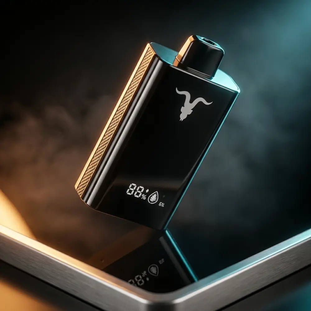 Pod Descartavel V120 Pro Ignite preto em base acrilica espelhada, reflexos quentes e frios - Vapor Gringo
