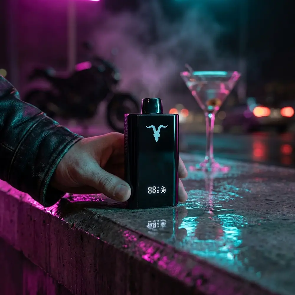 Pod Descartavel V120 Pro Ignite preto apoiado em beiral molhado com reflexos neon e bokeh urbano - Vapor Gringo