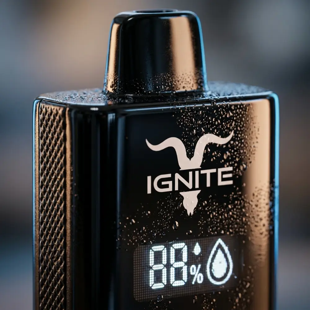 Detalhe do Pod Descartavel V120 Pro Ignite mostrando textura preta, tela, logo e condensacao - Vapor Gringo