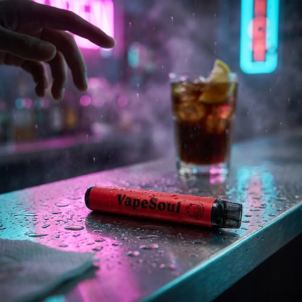 Pod descartavel Vapesoul Cola Lemon sobre balcão molhado com copo de cola e limao em cena urbana neon - Vapor Gringo