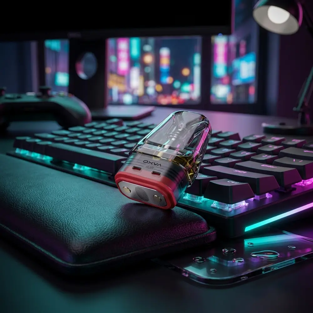 Pod reposicao Xlim V2 Oxva apoiado em wrist rest de mesa gamer RGB perto de teclado e luzes neon - Vapor Gringo