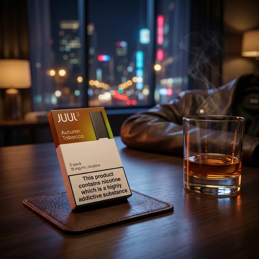 Refil Pod Juul 2 Autumn Tobacco apoiado em mesa de lounge luxuosa, ao lado de copo de uísque e jaqueta - Vapor Gringo