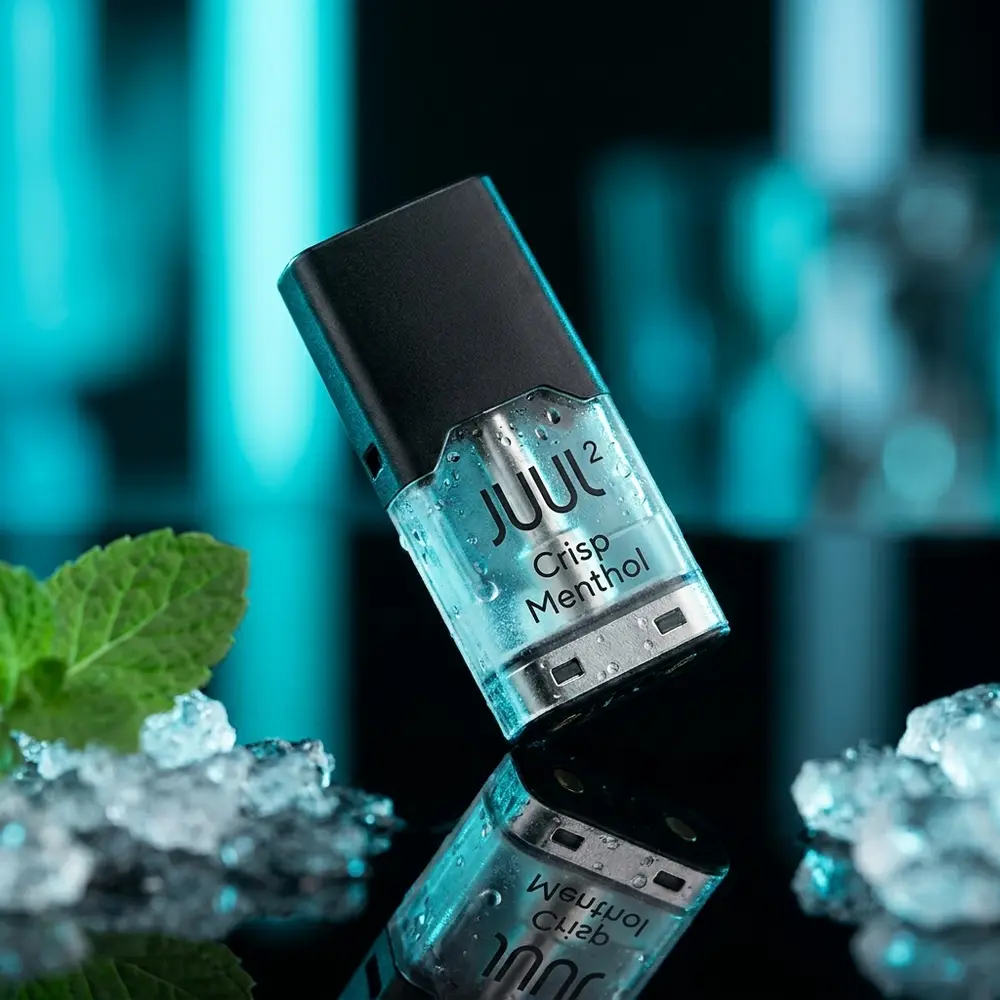 Pod Refil para Pod Juul 2 Crisp Menthol em destaque sobre acrilico preto com gotas e luzes neon mentoladas - Vapor Gringo