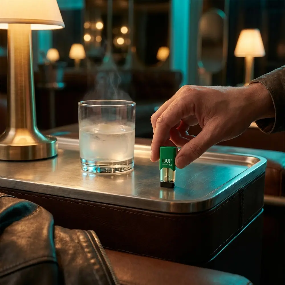 Pod Refil Juul 2 Crisp Menthol sobre apoio de couro em lounge premium com luzes ambiente e vidro desfocado - Vapor Gringo